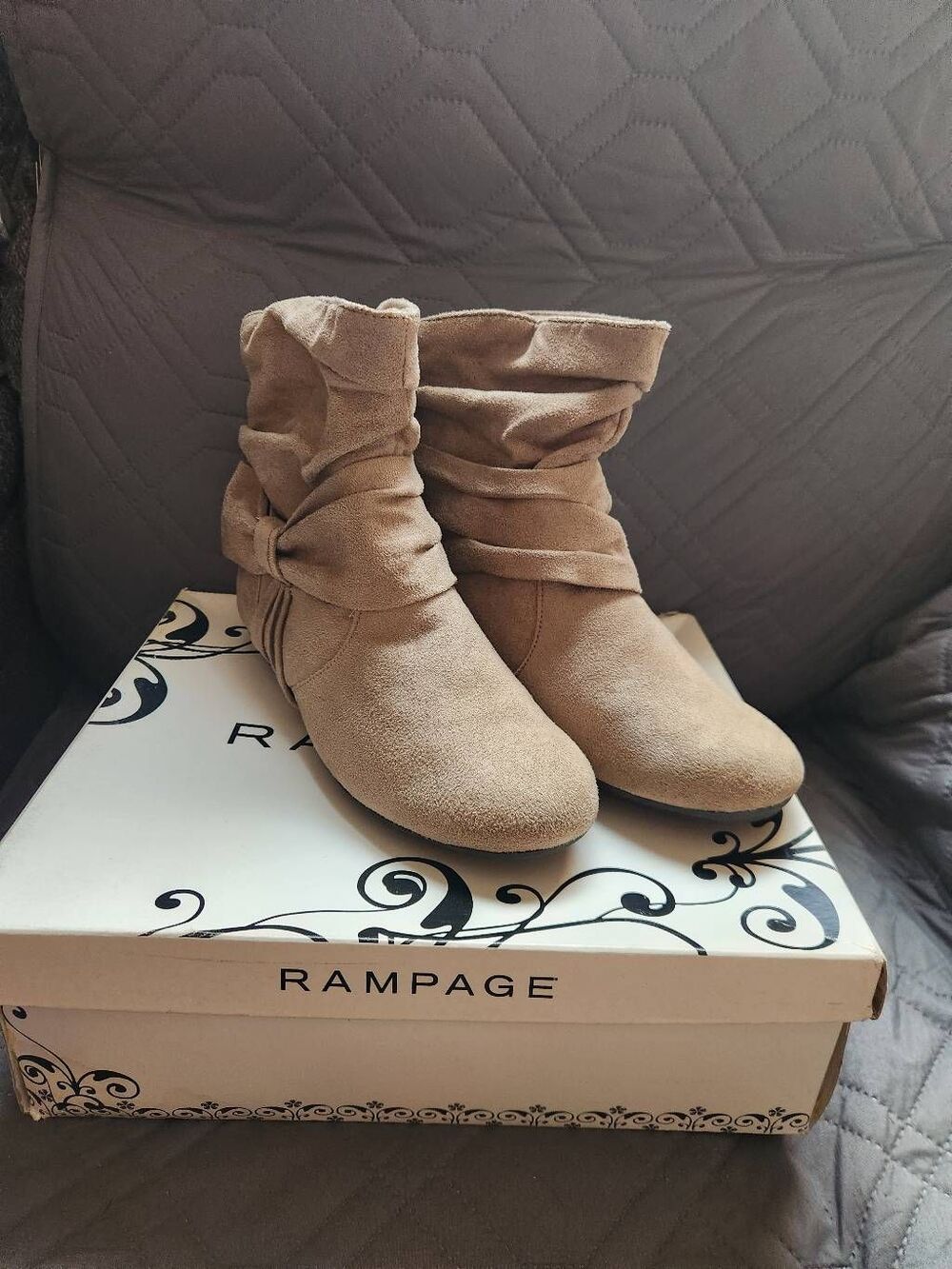 Rampage taupe suede slouch ankle boots featuring a cute side bow detail and a co